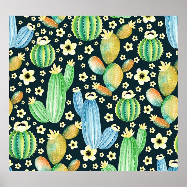 Blommönstret Succulents Watercolor Cactus Poster (Framsidan)