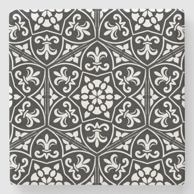 Blommönstret Svartvit fleur de lis-lodrät Stenunderlägg (Framsidan)