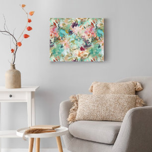 Blommönstret Teal Beige Abstrakt Painting Canvastryck