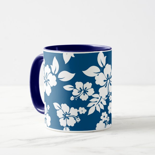 Blommönstret Teal Blue och White Hibiscus Mugg (Framsida vänster)