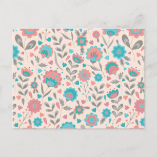 Blommönstret Teal & Coral Folk Art Helg Vykort