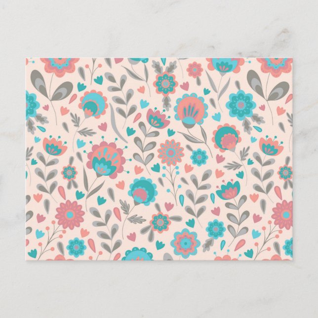 Blommönstret Teal & Coral Folk Art Helg Vykort (Framsida)