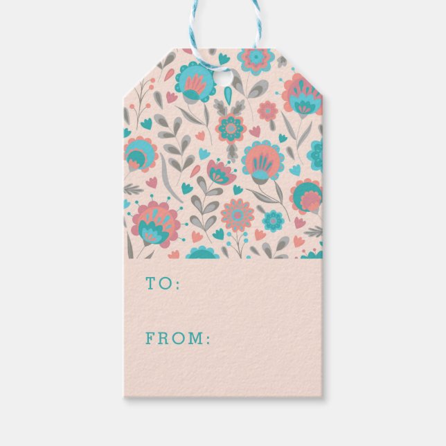 Blommönstret Teal & Coral Folk Art Presentetikett (Framsidan)