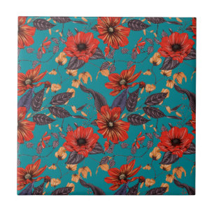 Blommönstret Teal och Red Kakelplatta