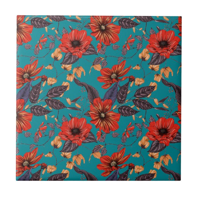 Blommönstret Teal och Red Kakelplatta (Framsidan)