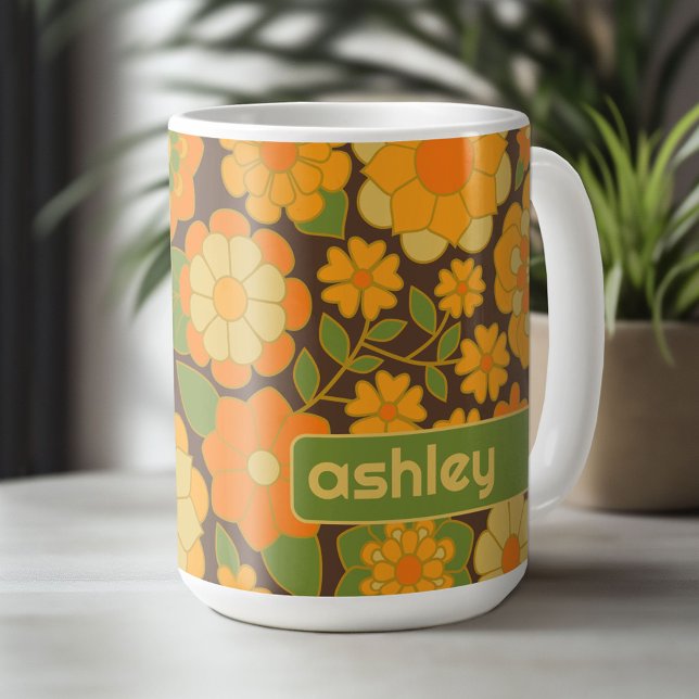 Blommönstret trendig Retro med namn-blocket Kaffemugg (Custom Mug - Personalize with Your Name or Initials)