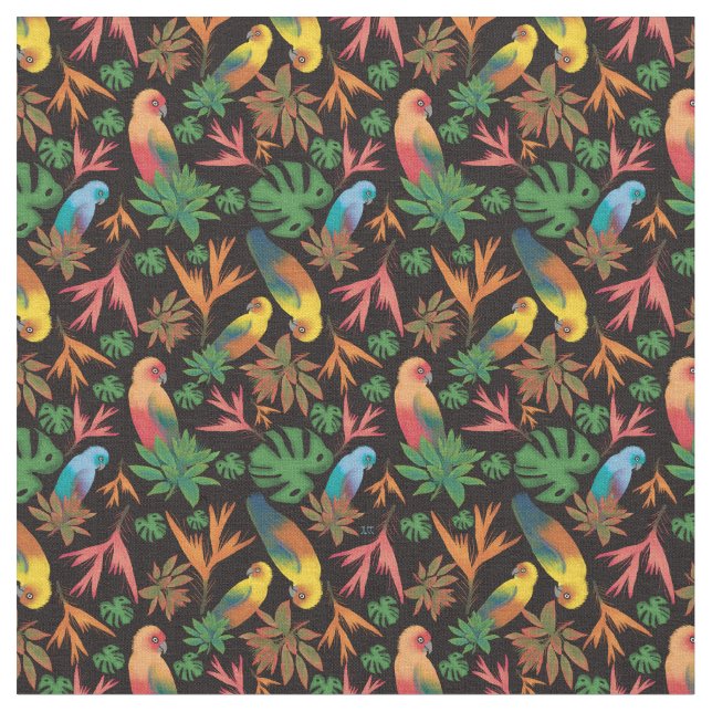 Blommönstret Tropical Birds Black Tyg (Närbild)