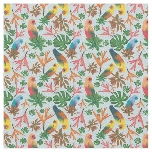 Blommönstret Tropical Birds Pastel Tyg (Närbild)