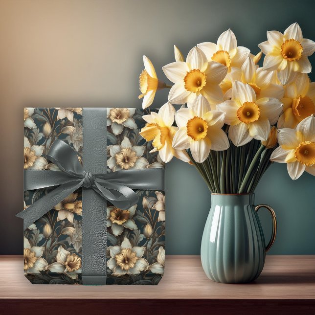 Blommönstret Vår Baroque Daffodils Presentpapper (Beautiful Spring Baroque Daffodils Floral Seamless Pattern Wrapping Paper)