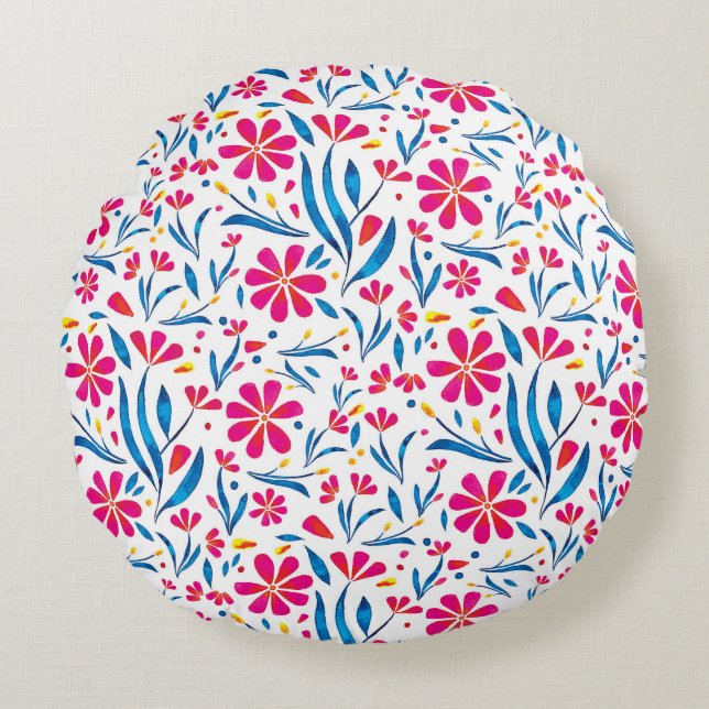 Blommönstret Vattenfärgförstärkning Rund Kudde (Framsidan)