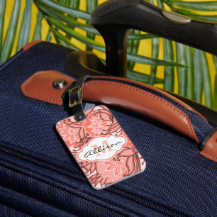 Blommönstret Vibrant Coral Monogrammed Bagagebricka
