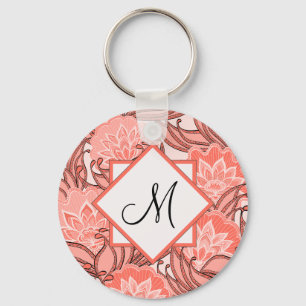 Blommönstret Vibrant Coral Monogrammed Nyckelring