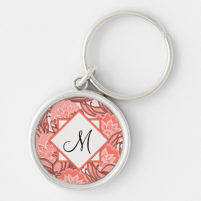 Blommönstret Vibrant Coral Monogrammed Rund Silverfärgad Nyckelring (Framsidan)