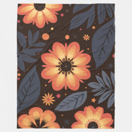 Blommönstret Vibrant Orange i Mörkens bakgrund Fleecefilt
