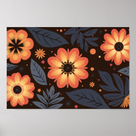 Blommönstret Vibrant Orange i Mörkens bakgrund Poster