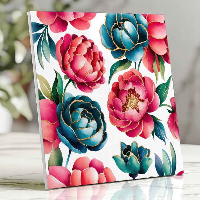 Blommönstret Vibrant Peony Kakelplatta (Skapare uppladdad)