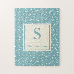 Blommönstret vintage blått Monogram och Namn Pussel