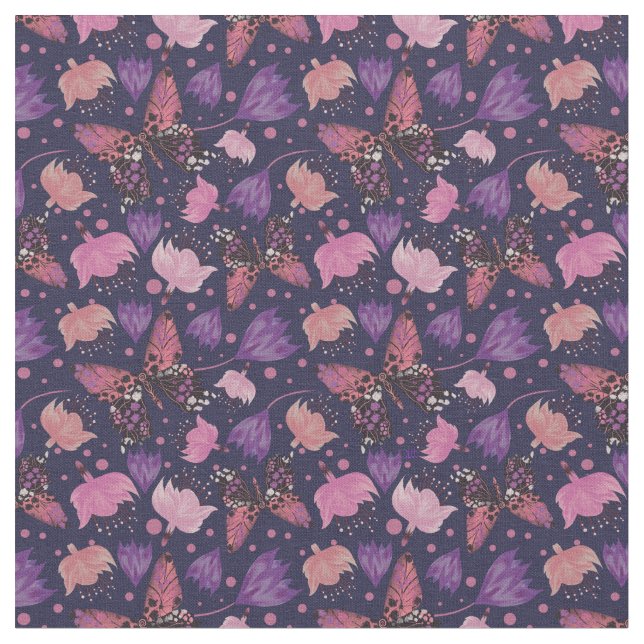 Blommönstret vintage Butterfly Blue Tyg (Närbild)