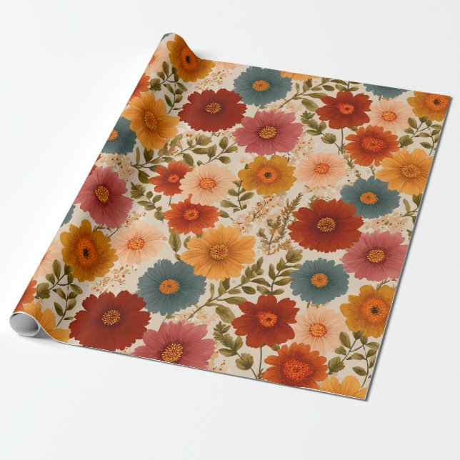 Blommönstret vintage Daisy Presentpapper (Utrullad)