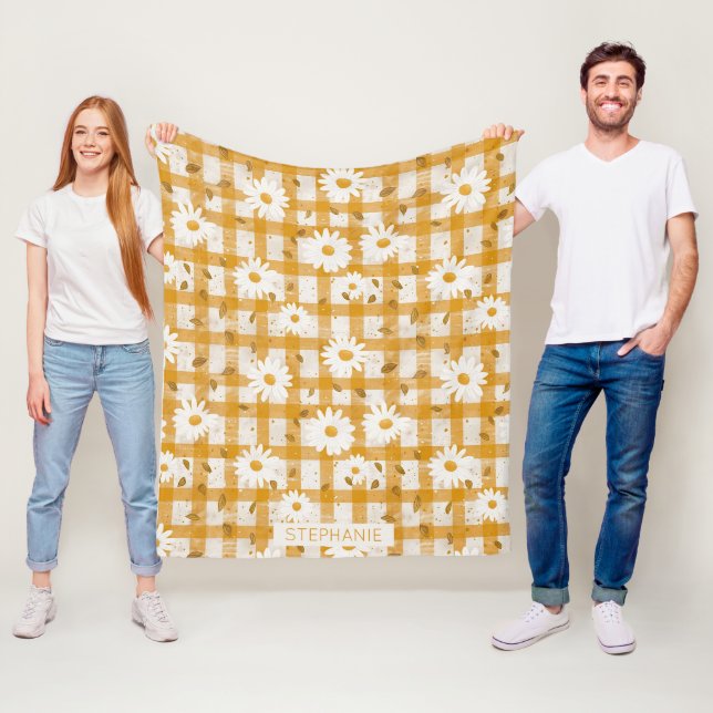 Blommönstret Vit Daisy om Gult Gingham (2) Fleecefilt (På plats)