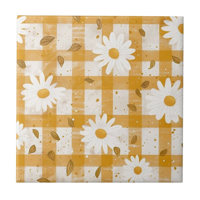 Blommönstret Vit Daisy om Gult Gingham (2) Kakelplatta (Framsidan)