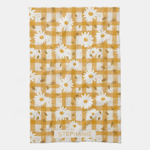 Blommönstret Vit Daisy om Gult Gingham (2) Kökshandduk
