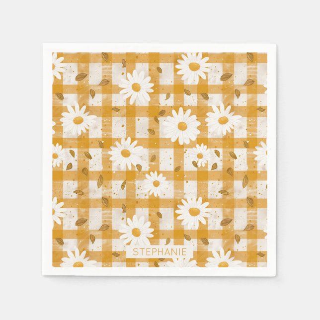 Blommönstret Vit Daisy om Gult Gingham (2) Pappersservett (Framsidan)