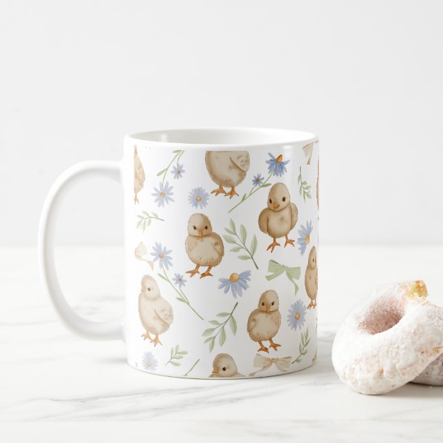Blommönstret Watercolor Baby Chick Kaffemugg (Med munk)