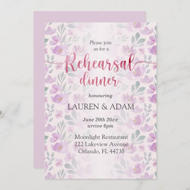 Blommönstret Watercolor Peony lilac och Rosa Inbjudningar (Fram/baksida)