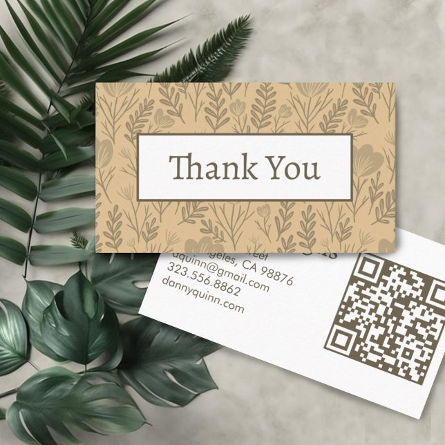 Blommönstrets Elegant Botaniskt orderTack Visitkort (Neutral tan colored floral pattern on this custom thank you business card with QR code)