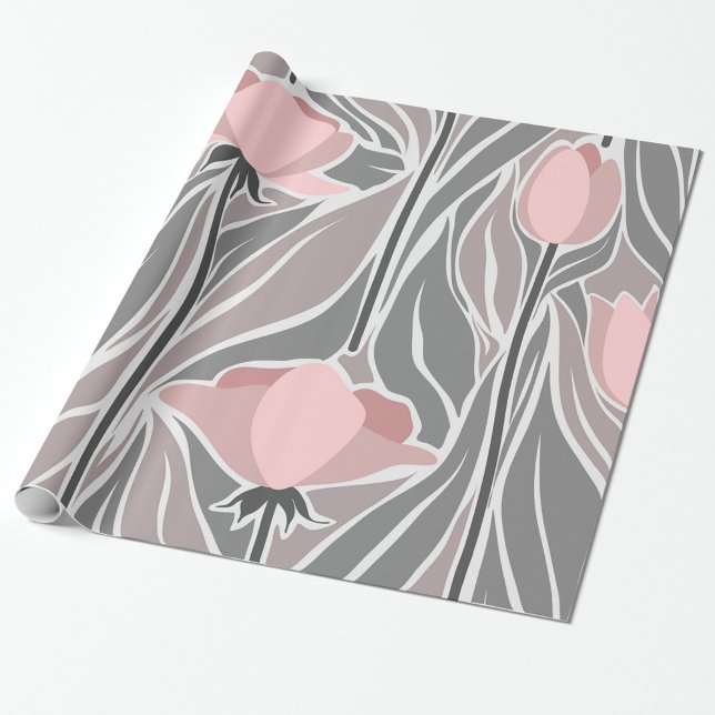 Blommor Abstrakt Mönster Wrapping Papper Presentpapper (A floral pattern with soft pink tulips against a muted gray background!)