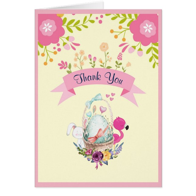 Blommor, ägg, Flamingo och Bunny Shower Tack Hälsningskort (Framsidan)