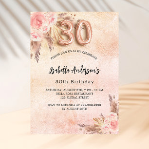 Blommor av 30års födelsedag pampasgräs ro guld inbjudningar
