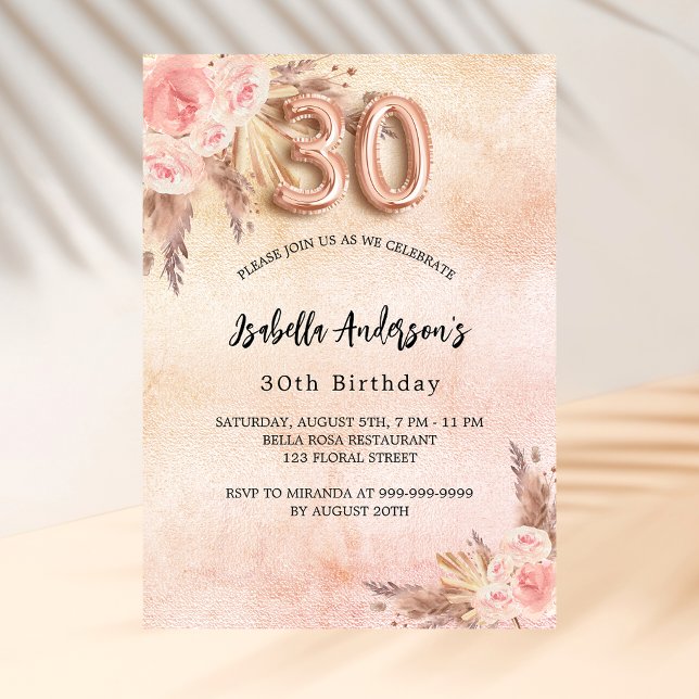 Blommor av 30års födelsedag pampasgräs ro guld inbjudningar (Skapare uppladdad)