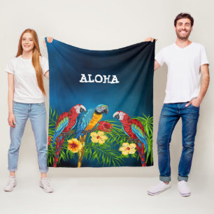 Blommor av Aloha-fåglar (blått handflatan-löv) Fleecefilt