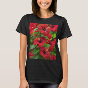Blommor av brant röd Hibiscus med Löv-43699 T Shirt