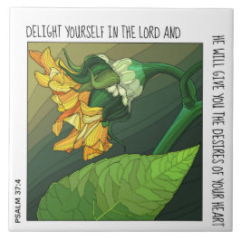 Blommor av fet gult med versaler från Psalm 37:4 Kakelplatta