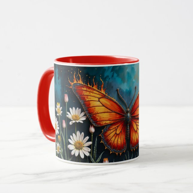 Blommor av fjärilstampi med levande orange insekt mugg (Framsida vänster)