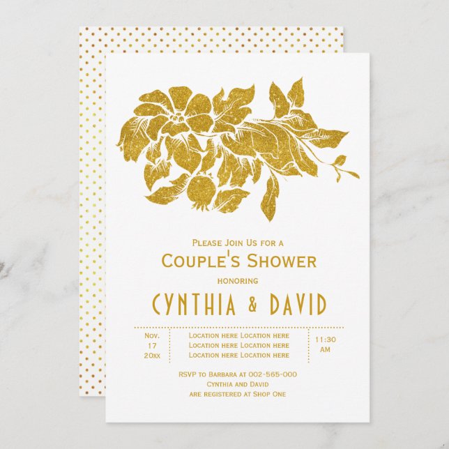 Blommor av guld glitter blommigt bröllop par dusch inbjudningar (Fram/baksida)