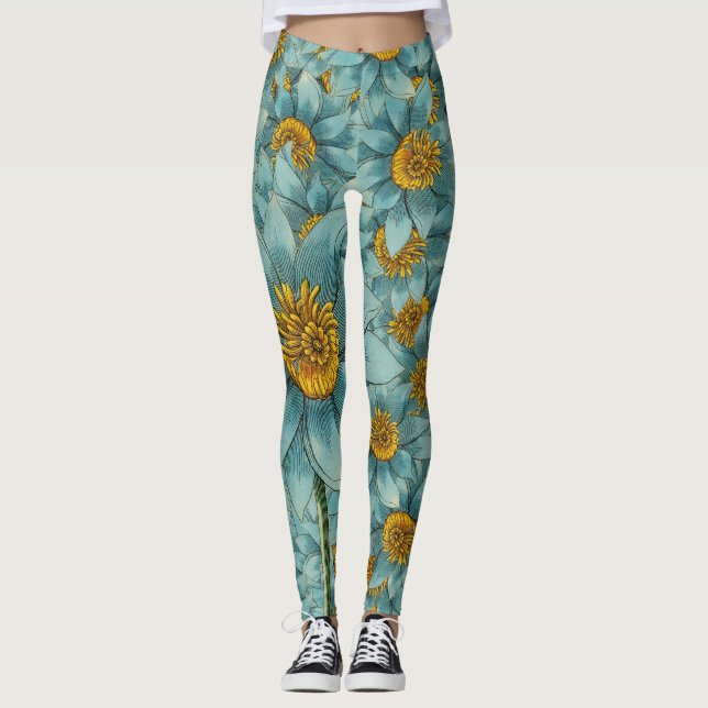 Blommor av Gult och skaldjur Leggings (Framsida)