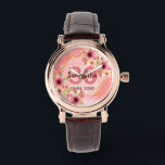 Blommor av korall guld-dahlia 30års födelsedag armbandsur<br><div class="desc">Ett trendig tittar på en 30års födelsedag-gåva. Med ett faux guld hexagon geometriskt utformat ram. Dahlia-blommor i rosa,  kräm och korall. Att leva med polka dots som bakgrund. Mallar för namn,  30 år och ett datum. Födelsedatum eller födelsedatum i party. Burgundy och korall färgad brev.</div>
