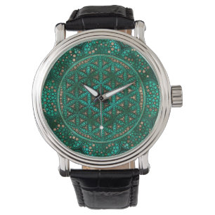 Blommor av Life Dot Art malachite guld Armbandsur