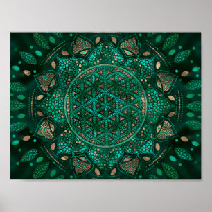 Blommor av Life Dot Art malachite guld Poster