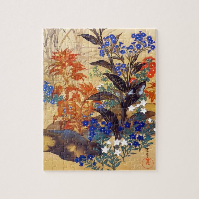 Blommor av orientalisk vattenfärg, vibrerande vint pussel (Vertikal)