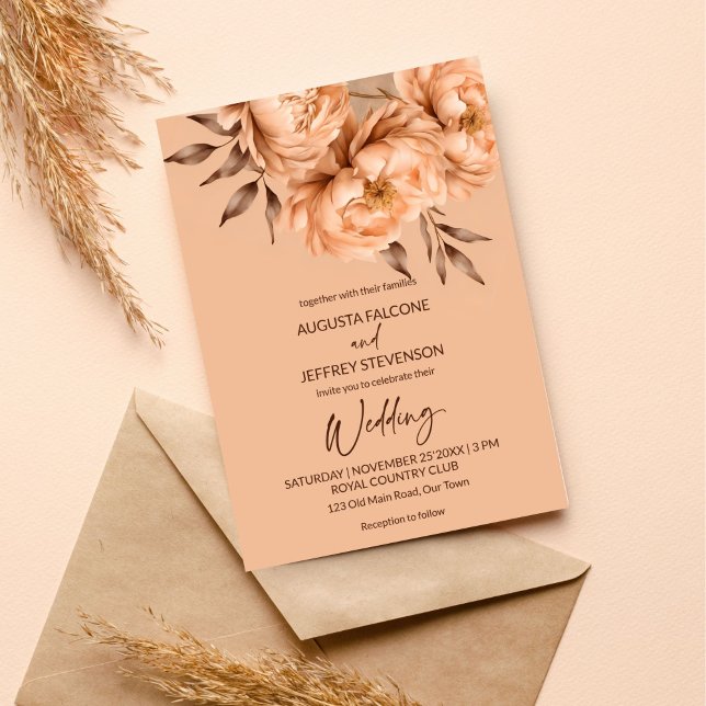 Blommor av persiko-beige elegant i bröllop inbjudningar (Peach beige flowers elegant all in one wedding editable template invitation digital download)