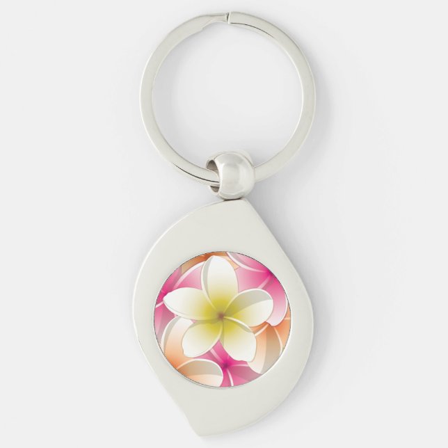 Blommor av släktet Frangipani/Plumeria Swirl Silverfärgad Nyckelring (Framsidan)