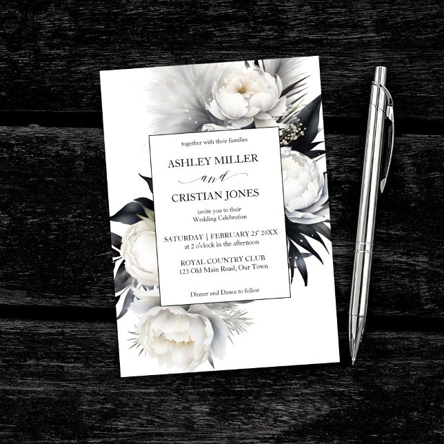 Blommor av svart eller vitt boho elegant bröllop inbjudningar (Black and white elegant boho flowers elegant wedding editable template invitation digital download)
