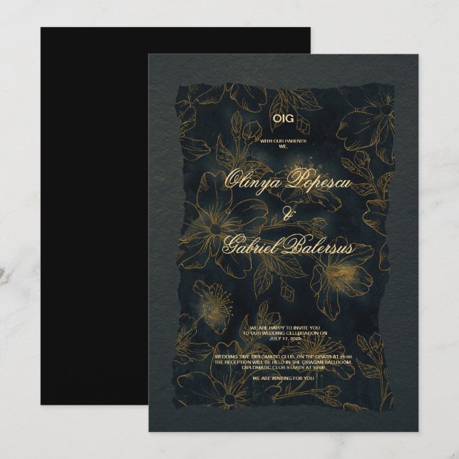 Blommor av svart Guld, vattenfärg, texturerat papp Inbjudningar (Fram/baksida)