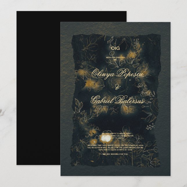 Blommor av svart Guld, vattenfärg, texturerat papp Inbjudningar (Fram/baksida)
