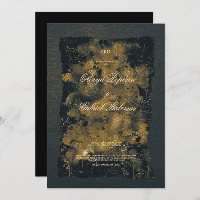Blommor av svart Guld, vattenfärg, texturerat papp Inbjudningar (Fram/baksida)